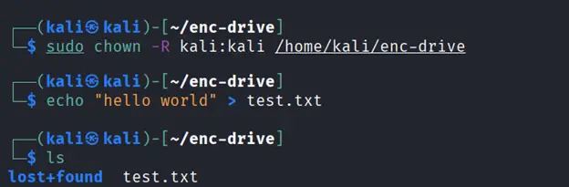 Terminal output showing ownership changed and a test file successfully created