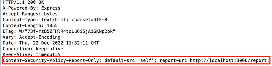 ZAP response showing Content-Security-Policy-Report-Only header