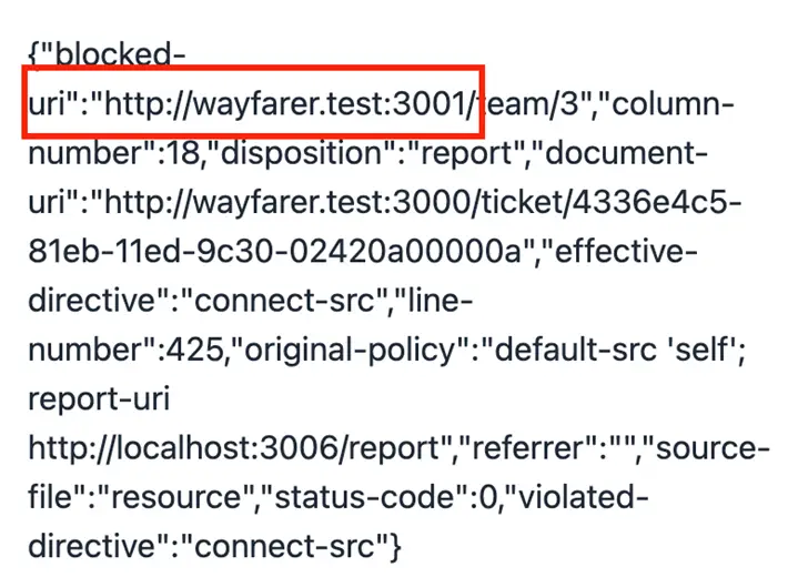 CSP violation report showing blocked URI for wayfarer.test:3001