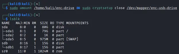 Terminal output showing the filesystem unmounted and the LUKS partition closed