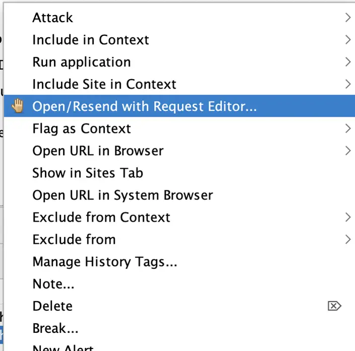 ZAP context menu with Open/Resend with Request Editor highlighted