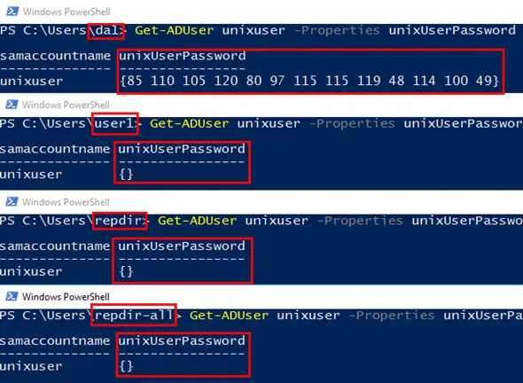 PowerShell comparison showing Domain Admin can see the confidential attribute while normal users cannot