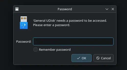 KDE desktop environment prompting for the LUKS passphrase to mount the encrypted flash drive