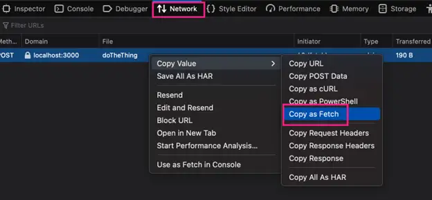 Firefox Network tab with Copy as Fetch context menu option highlighted