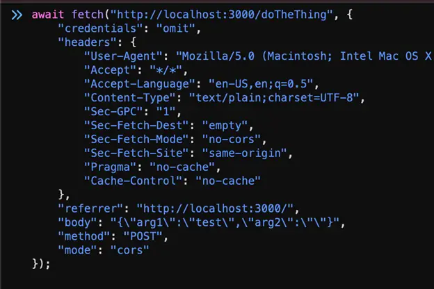 Console showing raw pasted fetch request with URL and options