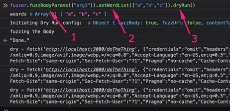 Console showing chained fuzzBodyParams, setWordList, and dryRun calls
