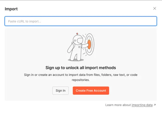 Lightweight API Client import dialog showing only the Paste cURL option
