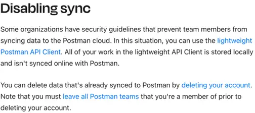 Postman documentation excerpt explaining that the Lightweight API Client is the option for organizations that need to prevent syncing to Postman cloud