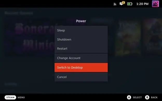 Steam Deck power menu highlighting the Switch to Desktop entry.