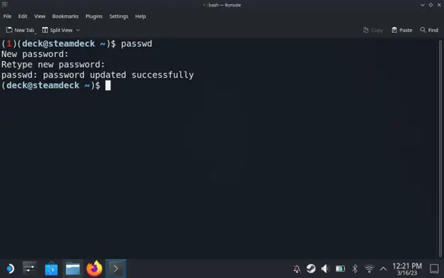 An example of the usage of the passwd command to set a password for the deck linux user.