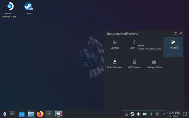 How to access the vaults settings through the status bar tray in desktop mode.
