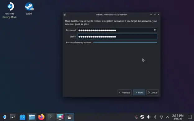 Setting the password for a newly created plasma vault.