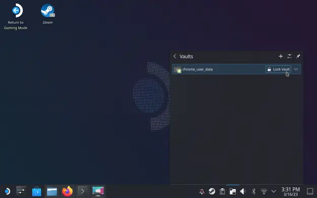 Showing how to access created vaults via the status bar in Desktop Mode.