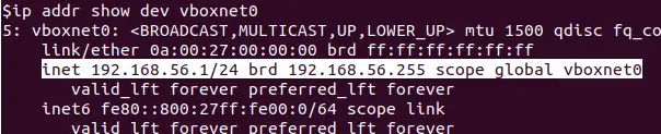 vboxnet0 interface output showing IP and subnet