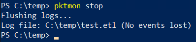 Pktmon stop command output confirming the capture has been stopped