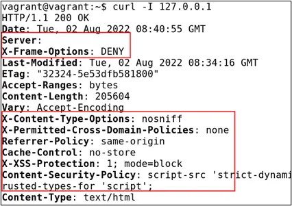 Curl output showing HTTP headers with security headers applied
