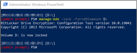 PowerShell output showing BitLocker drive successfully locked