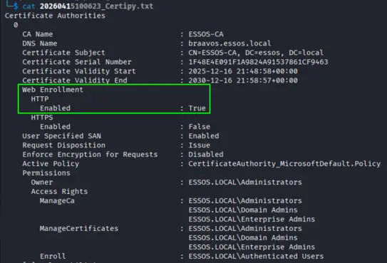 Certipy output showing web enrollment enabled over HTTP with no HTTPS enforcement and encryption disabled