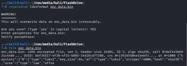 Terminal output showing cryptsetup luksFormat completed and file command confirming LUKS v2 header