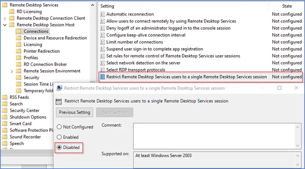Disabling the single session restriction in Group Policy