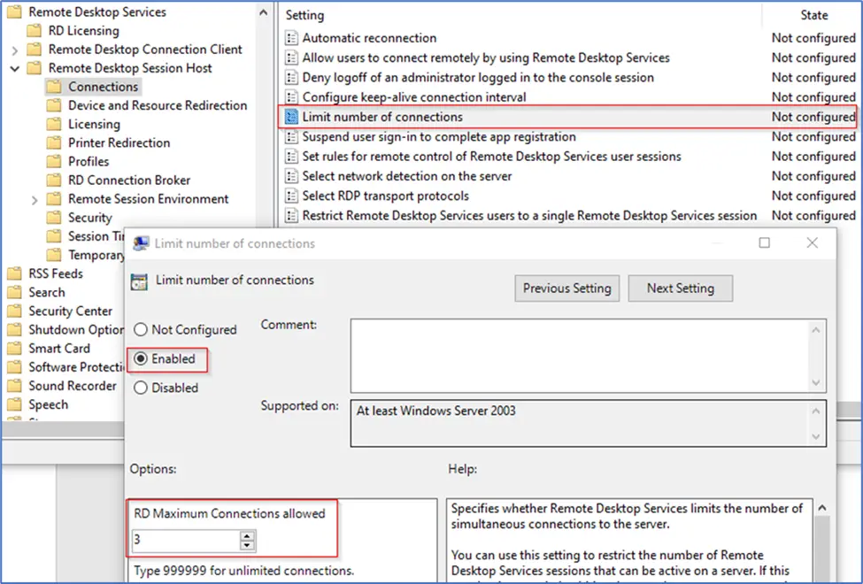 Setting RD Maximum Connections to 3