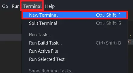 Opening a terminal in VS Code via the menu