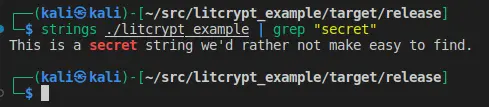 Finding our hidden string in the binary by using the strings command