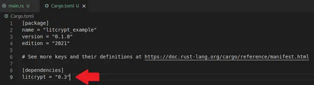 Adding the litcrypt dependency to the Cargo.toml file