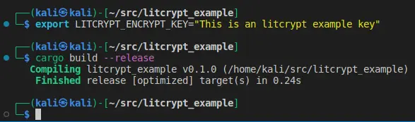 Exporting the LITCRYPT_ENCRYPT_KEY to the environment and rebuilding the binary successfully