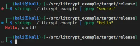 But the Hello World string, which was not passed to litcrypt, is still visible
