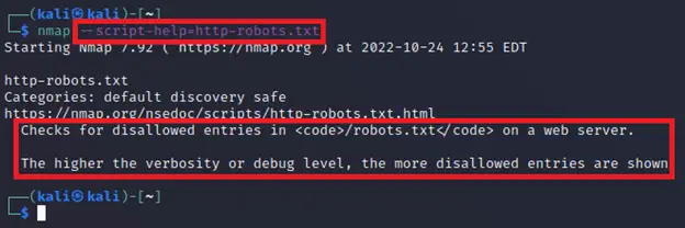 Nmap script help output for http-robots.txt showing the description field