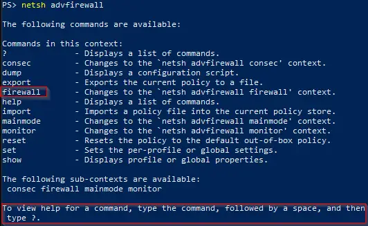 netsh advfirewall command options
