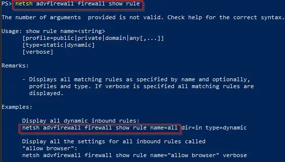 netsh advfirewall firewall show rule usage and examples