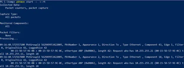 Pktmon real time capture output showing live packet data displayed in the terminal