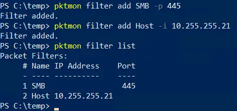 Pktmon filter list showing a named filter called SMB for port 445