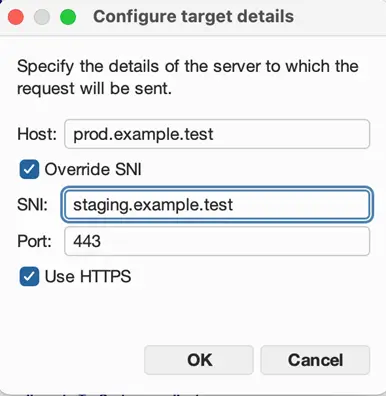 Burp Suite Repeater target details showing the SNI override option