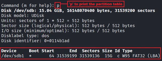 fdisk partition table output showing one existing factory partition on the flash drive