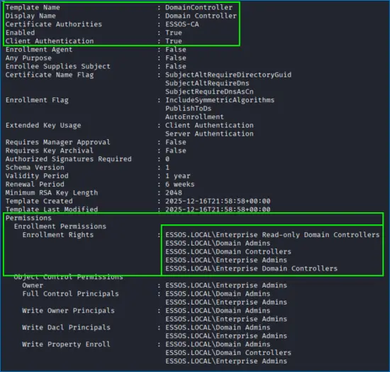 DomainController template details showing Client Authentication enabled and enrollment rights for Domain Controllers