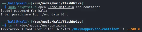 Terminal output showing cryptsetup open prompting for passphrase and mapping the LUKS partition