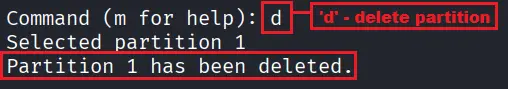 fdisk output showing the existing partition deleted from the flash drive