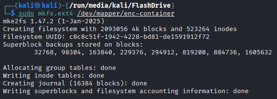 Terminal output showing mkfs.ext4 creating an ext4 filesystem on the encrypted partition