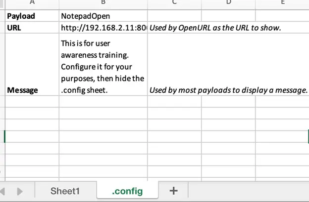 A screenshot of the open excel workbook on the dot config sheet