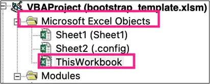 Project navigation tree in the Excel VBA editor with ThisWorkbook highlighted