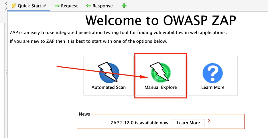 ZAP quick-start screen with Manual Explore button