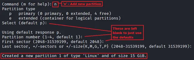 fdisk output showing the new primary partition created using the full disk space