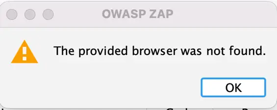 ZAP warning that the provided browser was not found