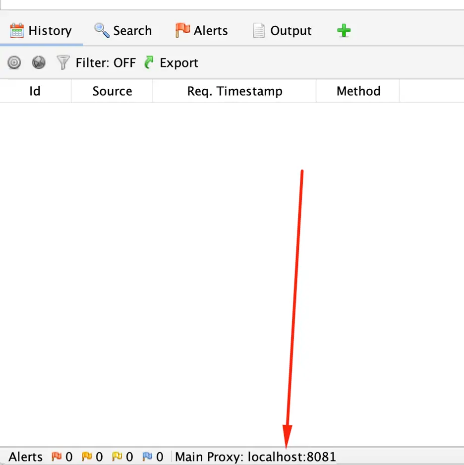 ZAP main window showing proxy port in the footer