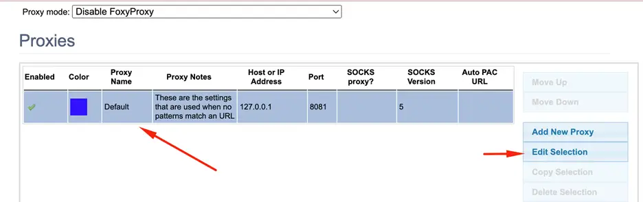 FoxyProxy options in Chrome with Edit Selection indicated